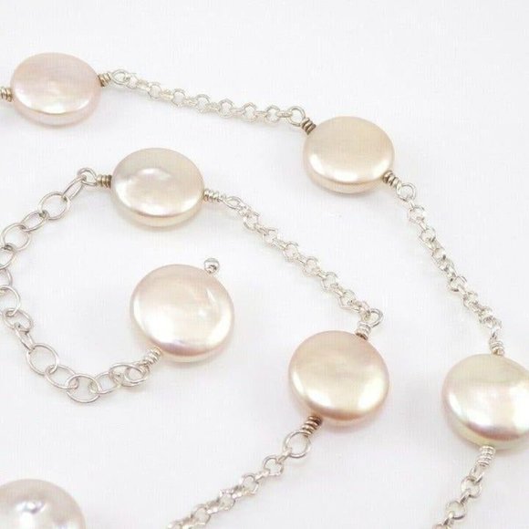 Sterling Silver Round Disc Pearl Station Link Necklace 19.5 - Picture 3 of 5